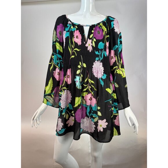 Spense Women's Floral Print Black Tunic Top 1X Polyester Lightweight Flowy Long - Picture 1 of 16